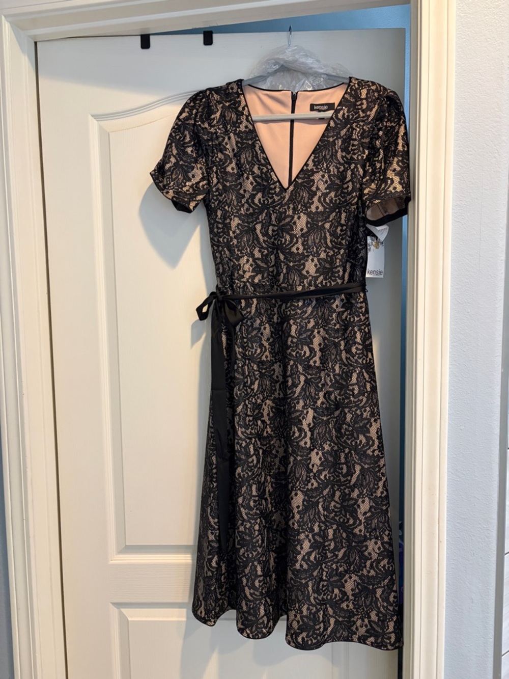 Kensie Black Beaded sequined Lace Overlay Midi Dress with Nude Lining